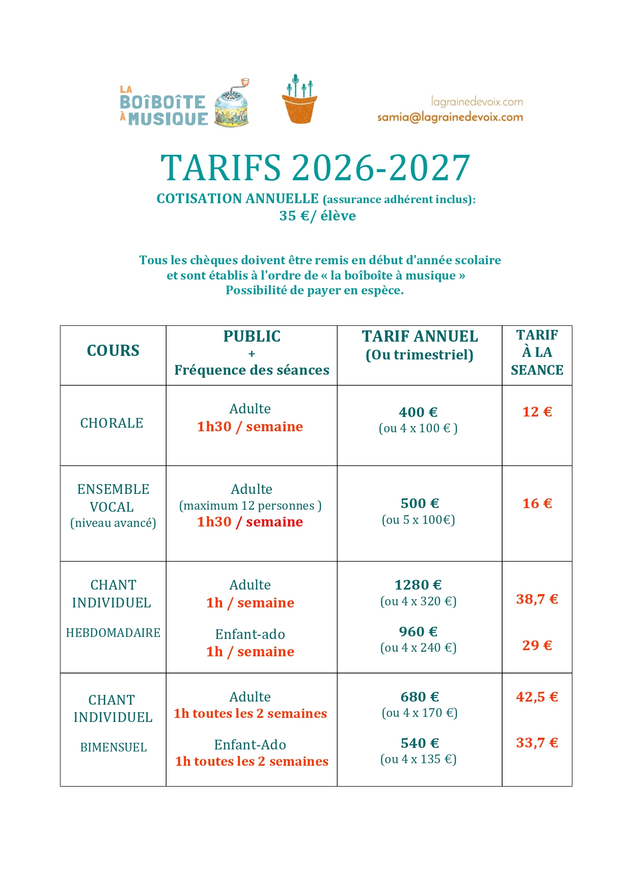 Tarifs 2026-2027